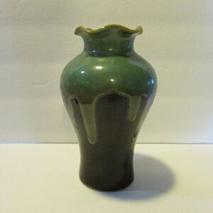 pottery vase black with green drip glaze ruffled top 6 1/2 inch tall